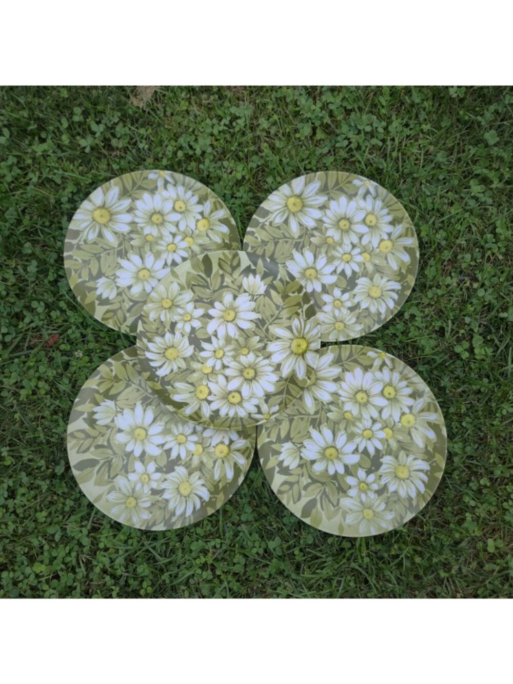 VTG 1970s Melamine Dinner Plates Beverly Prolon Olive Green White Daisy Floral - Picture 2 of 13